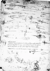Sheet of studies of foot soldiers and horsemen in combat, and halbards, 1485-1488